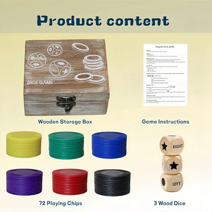 Left Right Roll Dice Game Set - 3 Wooden Dice & 72 Chips in Wooden Box | Portable Travel Party Game for Family, Friends, Adults (Rustic Brown)