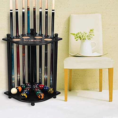 Billmart Pool Stick Holder Floor Stand, Solid Wood Billiard Pool Cue Rack, Pool Table Accessories (Black) - color: Black