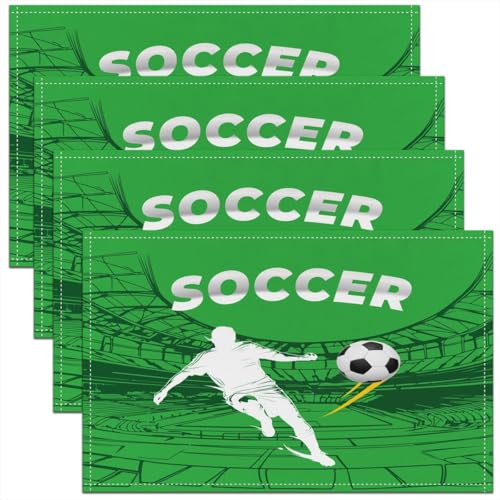 Castle Fairy Soccer Kids Placemats Set of 4,Athlete Silhouette Table Place Mats,Abstract Football Field Geometric Kitchen Decor,White Green Placemat Kitchen Table Decoration 12"x18" - color: White Green