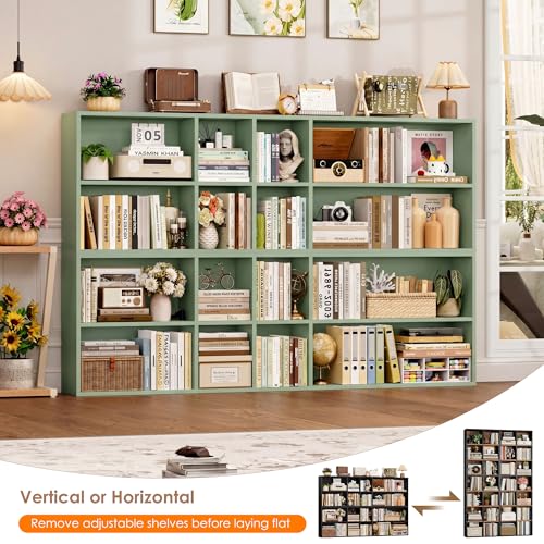 FOTOSOK 71'' Tall Bookshelf with 14 Cubes, 7 Tier Double Wide Bookshelf with 6 Adjustable Shelves, 19.6" Narrow Bookcase DVD/CD Media Storage Shelf, Space Saving Display Shelf Cabinet, Green - color: Green