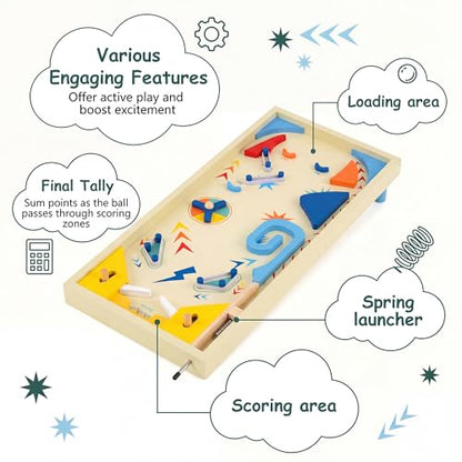 GLACER Wooden Tabletop Pinball Game, Rotating Scoring Track Shooting Toy with 3 Balls, Marble Game for Kids Aged 8+ and Adults, Pinball Toy Desk or Family Party & Shooting Game