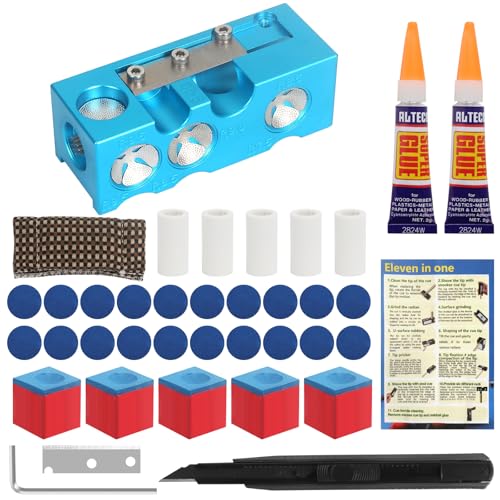 Vefungyan Pool Cue Tips Replacement Kit: 11 in1 Billiards Pool Cue Tip Repair Shaper Tool with 20pcs cue Tips 5 Chalk for Replacement - color: Metal Blue
