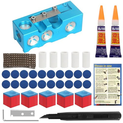 Vefungyan Pool Cue Tips Replacement Kit: 11 in1 Billiards Pool Cue Tip Repair Shaper Tool with 20pcs cue Tips 5 Chalk for Replacement - color: Metal Blue