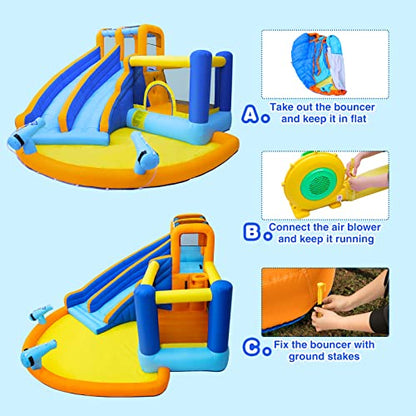 JOYLDIAS Inflatable Water Slide Bounce House,Giant Water Park, Double Slide Bouncer Castle w/Splash Pool, Jump Area, Climbing Wall, 550W Air Blower for Kids Backyard Indoor Outdoor Use,Free Water Gun - color: 6 in 1
