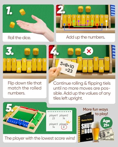 Classic Original Shut The Box Game, Math Dice Board Game for Family Night Classroom Travel, Wooden Table for Group Kid Adult Senior, Camp Party Bar, Easy Quick and Fun, 2-4 Players - size: 8.7in