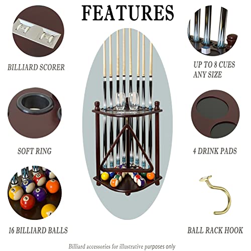 Floor Standing Pool Cue Rack Hold 8 Cue Sticks & Pool Table Accessories, Solid Wood Pool Stick Holder, Corner Pool Cue Holder with Ball Rack Hook & Scorer Counter