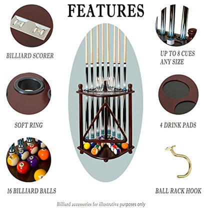 Floor Standing Pool Cue Rack Hold 8 Cue Sticks & Pool Table Accessories, Solid Wood Pool Stick Holder, Corner Pool Cue Holder with Ball Rack Hook & Scorer Counter
