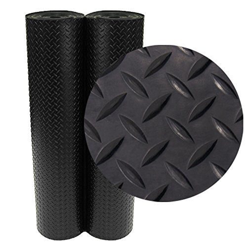 Rubber-Cal Diamond-Plate Rubber Flooring Roll - 3 mm x 4 ft x 2 ft Roll - Black - size: 24"L x 48"W x 0.1"Th