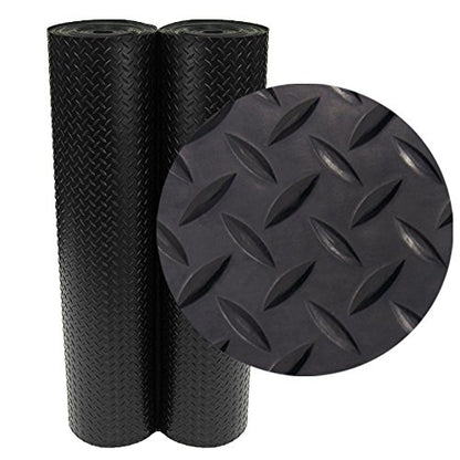 Rubber-Cal Diamond-Plate Rubber Flooring Roll - 3 mm x 4 ft x 4 ft Roll - Black - size: 48"L x 48"W x 0.1"Th