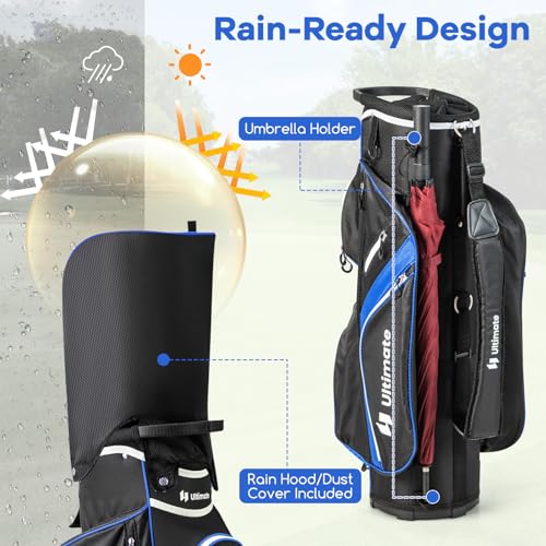ULTIMATE Golf Cart Bag with 14-Way Top Dividers, Golf Club Bag w/ 9 Pockets incl. Cooler Bag, Rain Hood/Dust Cover, Detachable Shoulder Strap & Carry Handles, Lightweight for Men & Women - color: Blue