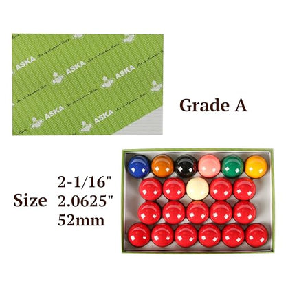 ASKA Billiards Snooker Balls Set, 22 Balls Including a Cue Ball - style: SB02A, Grade A, Set of 22 balls 2-1/16