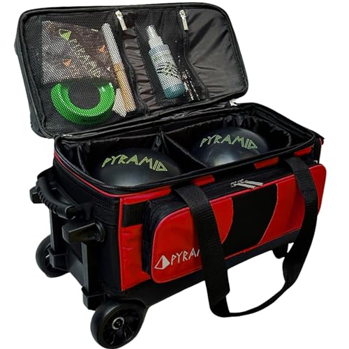 Pyramid Deluxe Double Roller 2 Ball Bowling Bag with Large Separate Shoe Compartment (Up To 2 Pairs Of Shoes) and Accessory Pockets, Sturdy Square Handle - Extends to 40" - Pro Options Available - color: Pro Black/Red