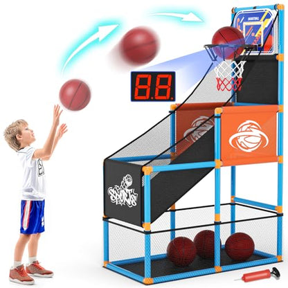 Handwell Arcade Basketball Game Set with Electronic Scoreboard&LED Light: Carnival Games Boy Toys Basketball Hoop Indoor Outdoor with 4 Balls & Air Pump Ideal Sports Toy Gifts for Kids 3-12 Years Old - style: Blue Scoring Basketball Hoop