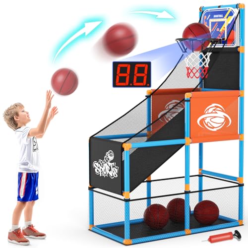 Handwell Arcade Basketball Game Set with Electronic Scoreboard&LED Light: Carnival Games Boy Toys Basketball Hoop Indoor Outdoor with 4 Balls & Air Pump Ideal Sports Toy Gifts for Kids 3-12 Years Old - style: Blue Scoring Basketball Hoop