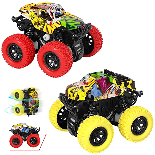 M SANMERSEN Monster Truck Toys for Kids, Friction Cars for Toddlers Push and Go 360° Rotating Stunt Car for 3+ Year Old Boys Girls Gifts (2 Pack - Red and Yellow) - color: Red