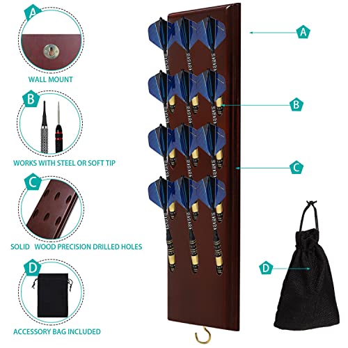 FDLS Darts Holder Wall Mounted Displays 12 or 15 Steel/Soft Tip Darts, Darts Caddy for wall with Metal Hook, Accessory Storage Bag - style: Cherry Finish Hold 12 Darts