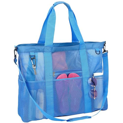 GYEUKHAM Mesh Beach Bag for Women, Sand-Resistant Pool Tote, 9 Pockets (1 Inner Zip), Foldable Family Travel Essentials - color: Extra Large - Blue