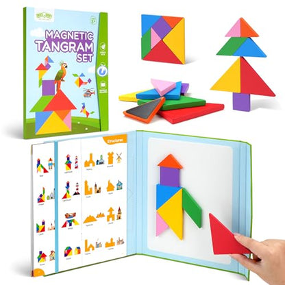 BenBen Travel Tangram Puzzle with Magnetic Wooden Shapes for Kids 4-8 8-12 | Extra Large Dual-Sided Magnet Surface, Color Pattern IQ Book, Road Trip Car Plane Game, Educational STEM Toys for Kids Adults - style: 7 Pieces Blocks