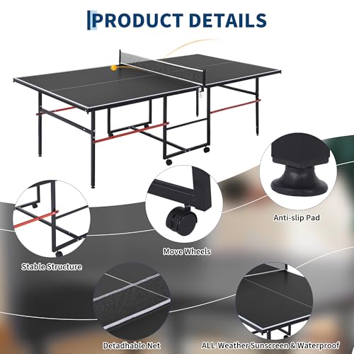 Garvee 8 ft Portable Ping Pong Table, Foldable Indoor Outdoor Table Tennis Set with Net, 2 Paddles and 3 Balls - Professional Game for Adults Teens, Quick Assembly, Single Player Playback Mode