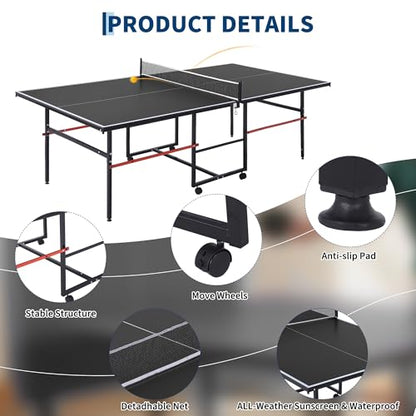 Garvee 8 ft Portable Ping Pong Table, Foldable Indoor Outdoor Table Tennis Set with Net, 2 Paddles and 3 Balls - Professional Game for Adults Teens, Quick Assembly, Single Player Playback Mode