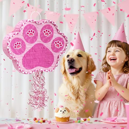 WERNNSAI Pink Dog Paw Piñata - Dog Piñata Pet Theme Party Games Pink Girl Style Puppy Paw Party Decorations Animal Party Supply for Kids Birthday with Blindfold - style: Dog Paw