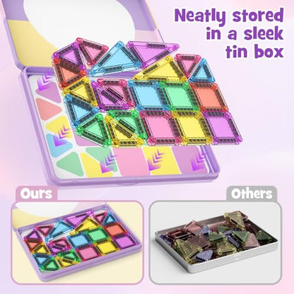 42-Piece Mini Magnetic Tiles Travel Set with Metal Storage Box - Portable STEM Building Blocks for Kids Ages 3-8, Montessori Educational Toys for Airplane & Car Rides, Gift for Boys & Girls - size: 42 Pieces