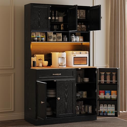 FJTJBSI 72" Kitchen Pantry Cabinet with LED Light and Charging Station Tall Pantry Storage Cabinet with Adjustable Shelves and Door Shelves Modern Kitchen Hutch with Countertop Black - color: Black