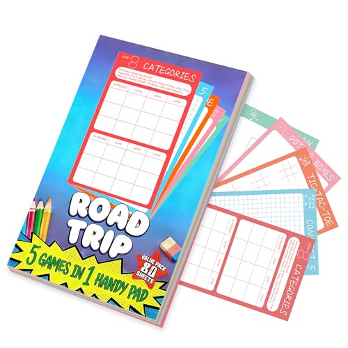 Road Trip Game Pad, 5 in 1 Travel Games Set for Kids | Tic-Tac-Toe, Hangman, Dots and Boxes, Categories, Connect 5, 80 Sheets Activity Pad
