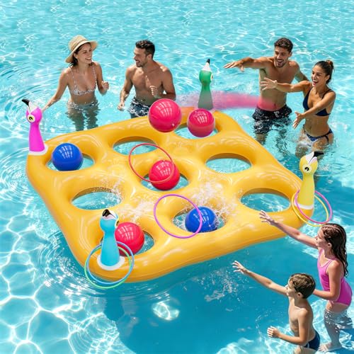 Flamingo Pool Toys Games Set, 2-in-1 Giant Inflatable Tic Tac Toe Float Game & Ring Toss Game with 10 Balls & 6 Rings, Outdoor Summer Fun Beach Yard Swimming Pool Games for Adults Teens Kids 6+ - style: Flamingo