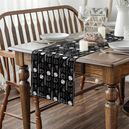 Castle Fairy Baseball Tabletop Decor for Kitchen Or Dining, Ball Games Table Runners for Boys Teens Adult,Baseball Bat Table Mat 13 X 108 Inches, Black White - size: 108"x13"