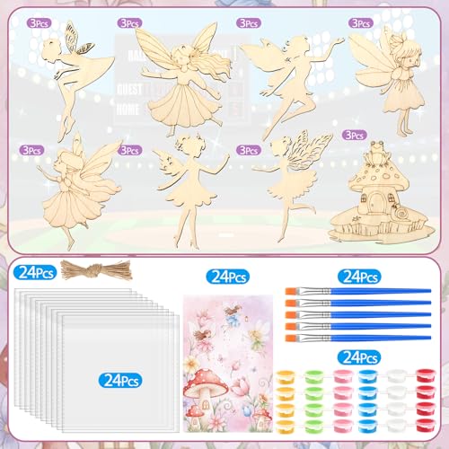 Saypacck 24 Pcs Fairy Party Favors Wooden Painting Craft Kits Birthday Party Supplies with Organza Bag for Goodie Bags Fillers Adult Thank You Gifts - style: Fairy