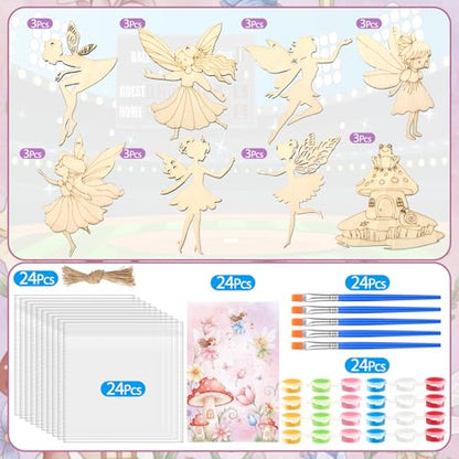 Saypacck 24 Pcs Fairy Party Favors Wooden Painting Craft Kits Birthday Party Supplies with Organza Bag for Goodie Bags Fillers Adult Thank You Gifts - style: Fairy