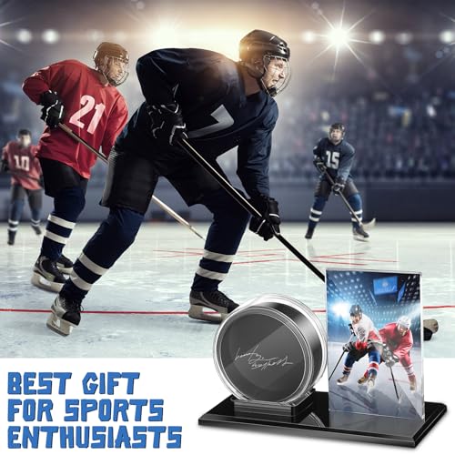 DoubleFill Acrylic Hockey Puck Display Case for Ball and Cards Clear Ball Holder Ring Stand Set Hockey Puck Centerpieces Protector Memorabilia Showcase