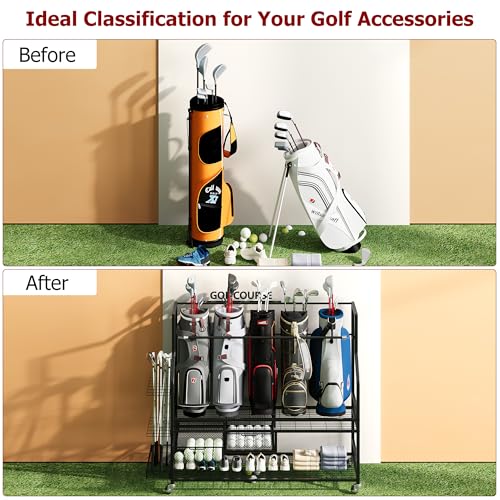 Golf Bag Storage Garage Organizer, Golf Bag Stand Fit for 4 Golf Bags, Golf Clubs, Golf Balls, Golf Equipment Accessories, Golf Bag Storage Rack with Wheels for Garage, Club, Shed, Basement - size: 57.5" L x 44.5" W x 15.7“ H