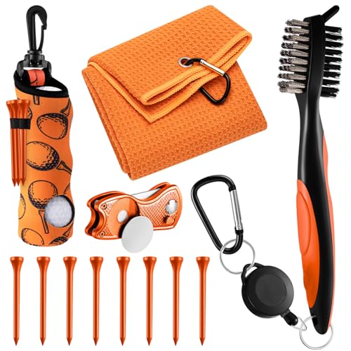 Liliful 12 Pcs Golf Accessories Kit, Include Golf Ball Bag with Hook Towel Tees Magnetic Ball Marker Divot Tool Cleaner Brush for Women Man Gifts - color: Orange, style: Plain