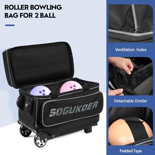 2 Bowling ball Bag with Wheels, Lightweight Trolley Double Ball Bowling bag with Large Separate Shoe Compartment and Oversized Accessory Pocket, Retractable Handle Extends To 39.5" - color: Black & Grey
