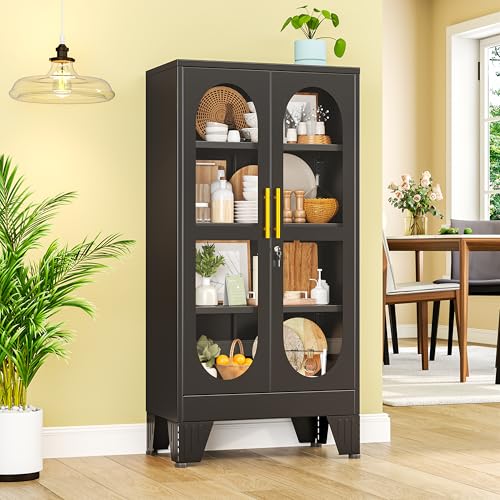 47" H Locking Display Cabinet with Glass Door, Tall black Storage Cabinet with 3 Adjustable Shelves, Metal Curio Cabinet Multi-Purpose Display Case for Collectibles Living Room/Bedroom/Kitchen/Bar - color: Black, size: 47''H