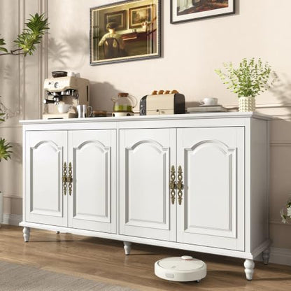 Hlivelood 65" Buffet Cabinet with Storage, Mid Century Modern Sideboard with Adjustable Shelves, Paint Cabinet, Wood Carving Design, Brass Carved Handles & Solid Wood Gourd Legs, Pearl White - color: Pearl White