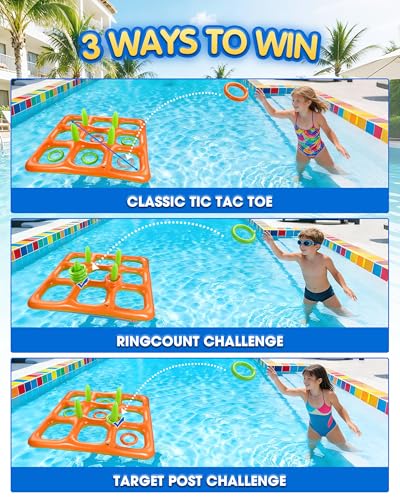 4.9FT Giant Inflatable Tic Tac Toe Pool Game – 2-in-1 Ring Toss Pool Toys for Adults Kids, Floating Summer Pool Party Games for Family, Beach, Backyard (2–10 Players)