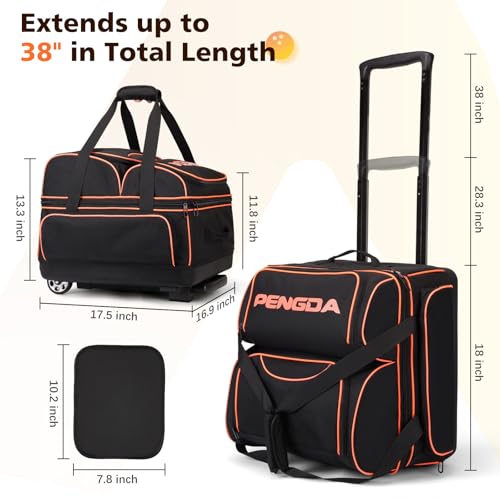 PENGDA 4 Ball Bowling Bag With Wheels, Integrated Single-Chamber 4-Ball System, 900D Reinforced Oxford Bowling Ball Bag, Telescopic Handle Roller Tote Storage Bag for Bowling Accessories and shoes