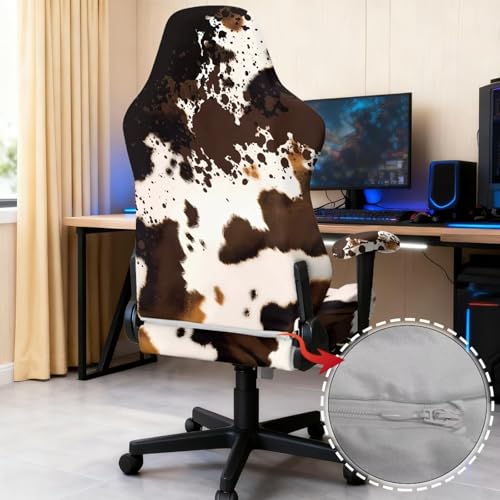 Artistic Brown Cow Print Chair Slipcovers with Arms 2 Piece Stretchy Gaming Chair Cover Cat Scratch Proof Furniture Protector with Zipper Anti-Dust Desk Chair Seat Protector for Office Home - color: Artistic Brown Cow Print
