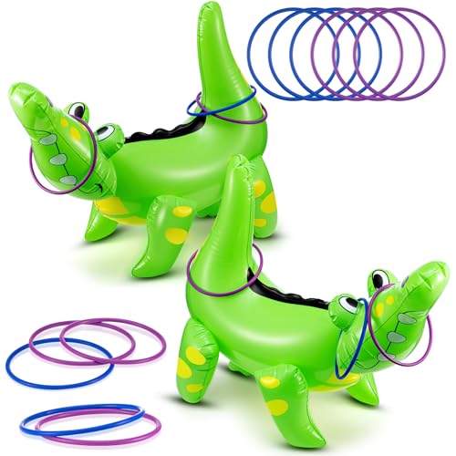 Civaner Alligator Inflatable Ring Toss Crocodile Game, Each Include 22" Inflatable Alligator Blow up Crocodile and 8 Rings, Alligators Party Decorations for Carnival Activities Safari