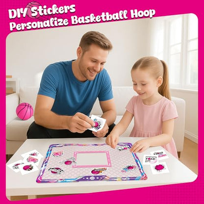 LovesTown Pink Indoor Mini Basketball Hoop, for Girls Ages 4-12, Over The Door Hoop with LED Lights & Electronic Scoreboard, 4 Balls, DIY Stickers, Sports Toys for Family Game Night - style: Charming