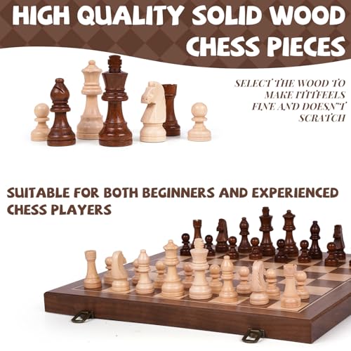 15 Inch Magnetic Wooden Chess Set with Storage, Folding Chess Board Game with Strong Magnets, Tournament Size 3 Inch King, 2 Extra Queens, Portable Travel Chess Set for Adults & Kids