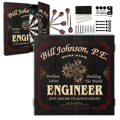 THOUSAND OAKS BARREL Personalized Engineer Dart Cabinet - Imprinted Dart Board Cabinet for Office - Dartboard Cabinet Set with Scoreboard, 6 Steel Tip Darts, Chalk & Eraser (21.5" x 21" x 2.125") - style: Engineer Dartboard & Cabinet Set