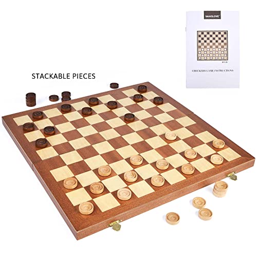 VAMSLOVE 15inch Checkers Folding Wooden Game Set, 100 Square Checkerboard International Checkers Draughts Board 10x10 for Kids with Pieces Storage Slots (Instructions Included)