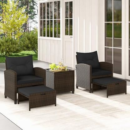 Tangkula 5 Pieces Patio Conversation Set, PE Wicker Rattan Outdoor Furniture Set with 2 Chairs, 2 Ottomans & Tempered Glass Coffee Table, Ideal for Poolside, Backyard, Lawn, Deck, Mix Brown & Black - color: Mix Brown & Black