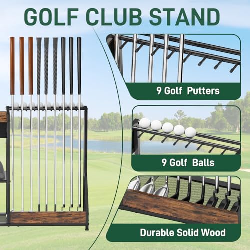 Large Golf Putter Stand, Golf Club Holder for 9 Clubs and 9 Balls Storage, Wood & Metal Golf Club Organizer, Golf Equipment Display Rack for Indoor Home Basement Garage, Club Simulator, Black