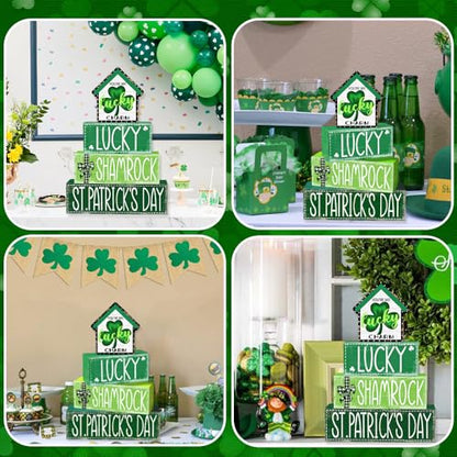 DIYDEC 4Pcs St.Patrick's Day Table Decoration Shamrocks House Wooden Block Signs Rustic St. Patrick Tiered Tray Decor Happy St.Patrick's Day Centerpiece Sign for Farmhouse Holiday Tabletop Party Decor - style: St.Patrick's Day House