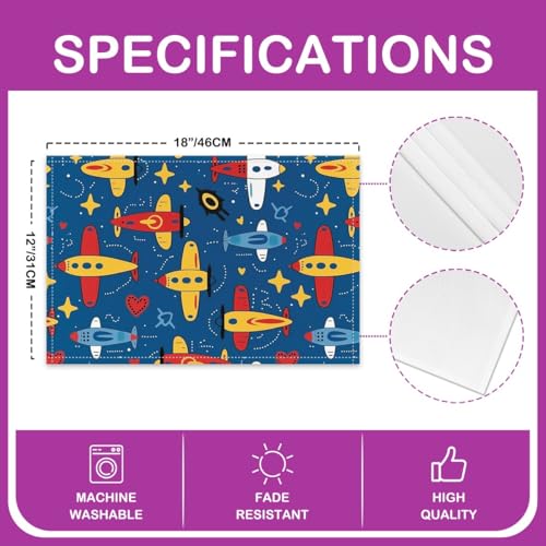 Erosebridal Cartoon Placemats 12X18 Inch Set of 4 for Dining Table,Cute Aircraft Aviation Theme Place Mats for Kids Boys Children,Flying Plane Flight Geometric Star Love Heart Waterproof Placemats - color: Dark Blue Yellow Red